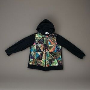 Chico's Full Zip Womens Black Geometric Art Casual Hoodie Hippie Jacket Size 2